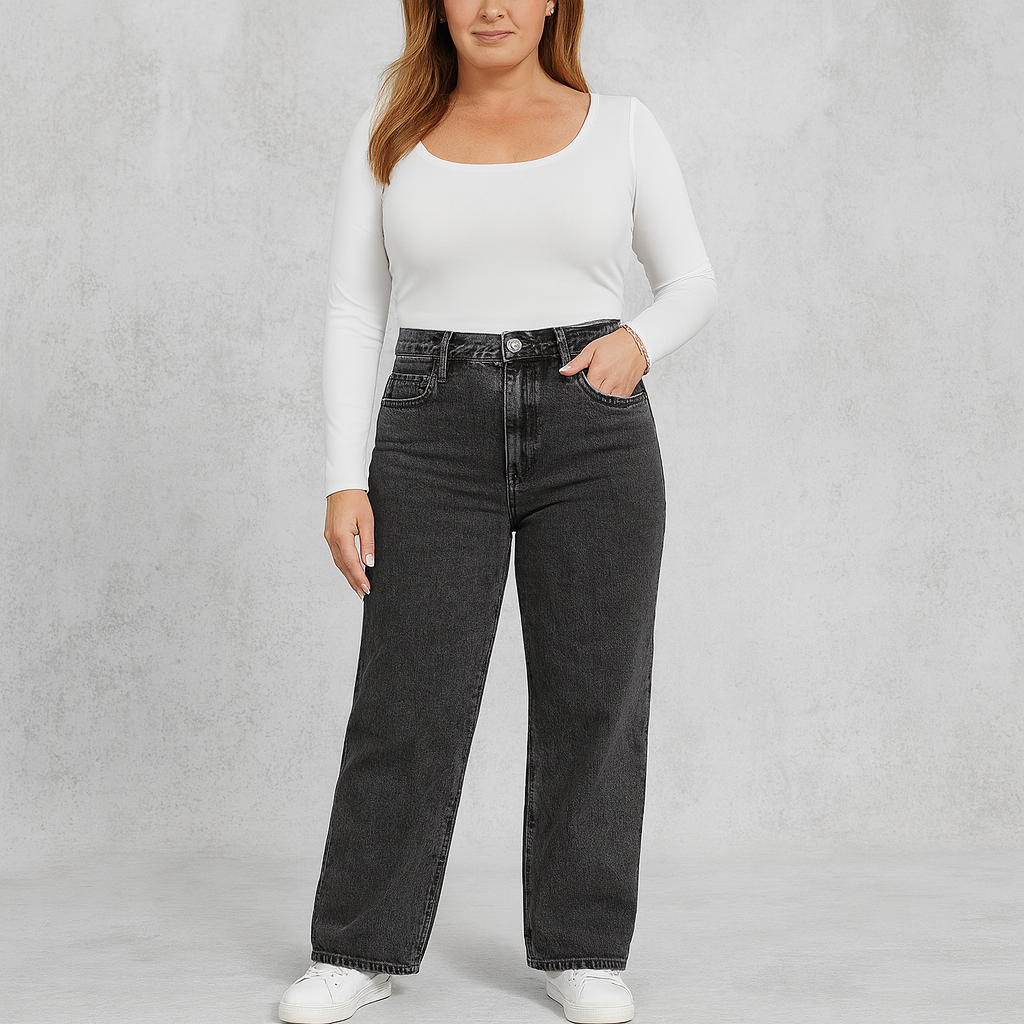 HOLMES - Damjeans Hög Midja Vida Ben Svart Denim – Trendiga Byxor för Kvinnor