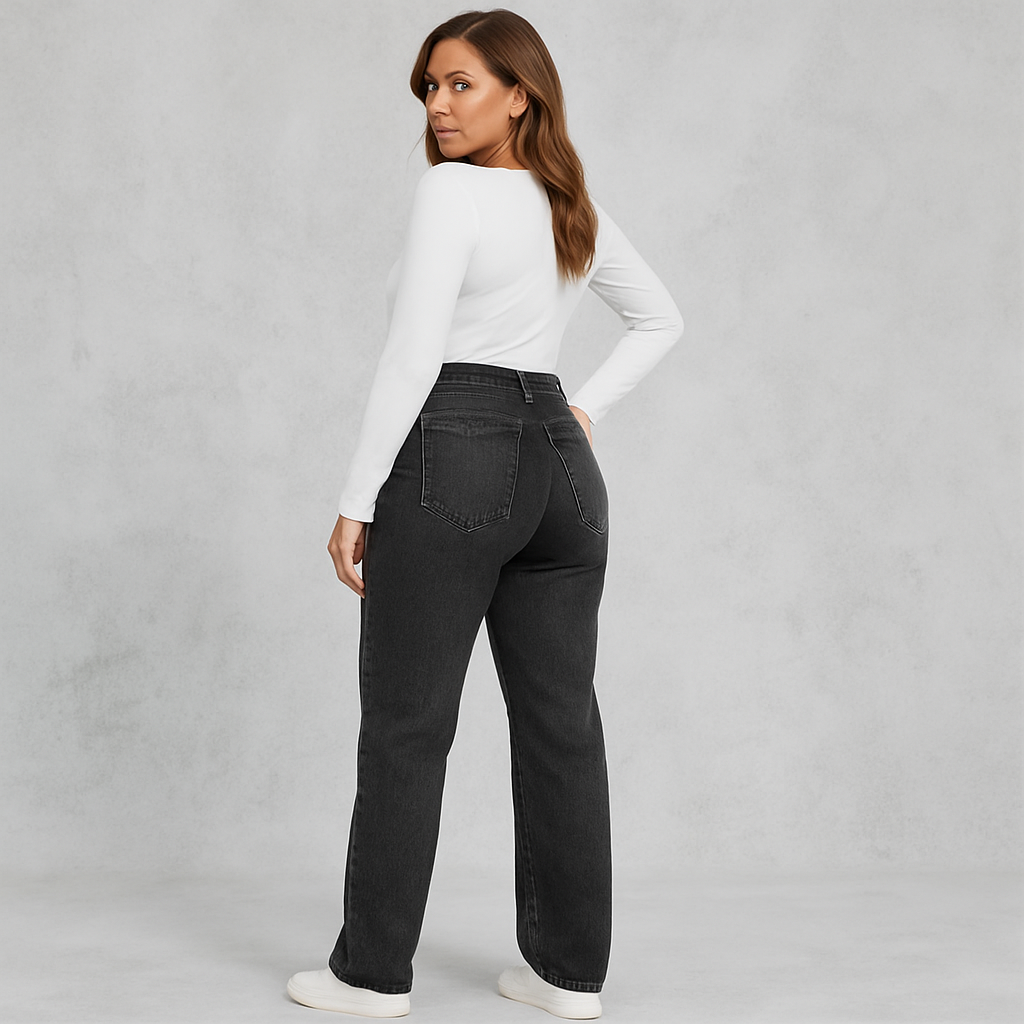 HOLMES - Damjeans Hög Midja Vida Ben Svart Denim – Trendiga Byxor för Kvinnor