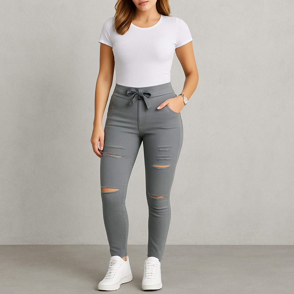 HOLMES - Dam Byxor med Hög Midja – Rippade Stretch Jeans Leggings för Höst & Vinter Mode