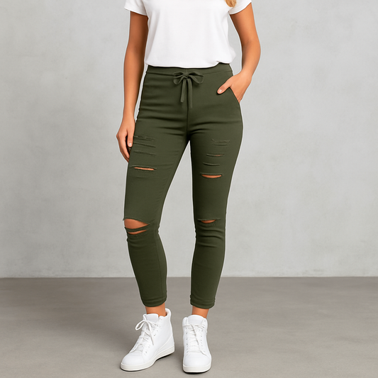 HOLMES - Dam Byxor med Hög Midja – Rippade Stretch Jeans Leggings för Höst & Vinter Mode