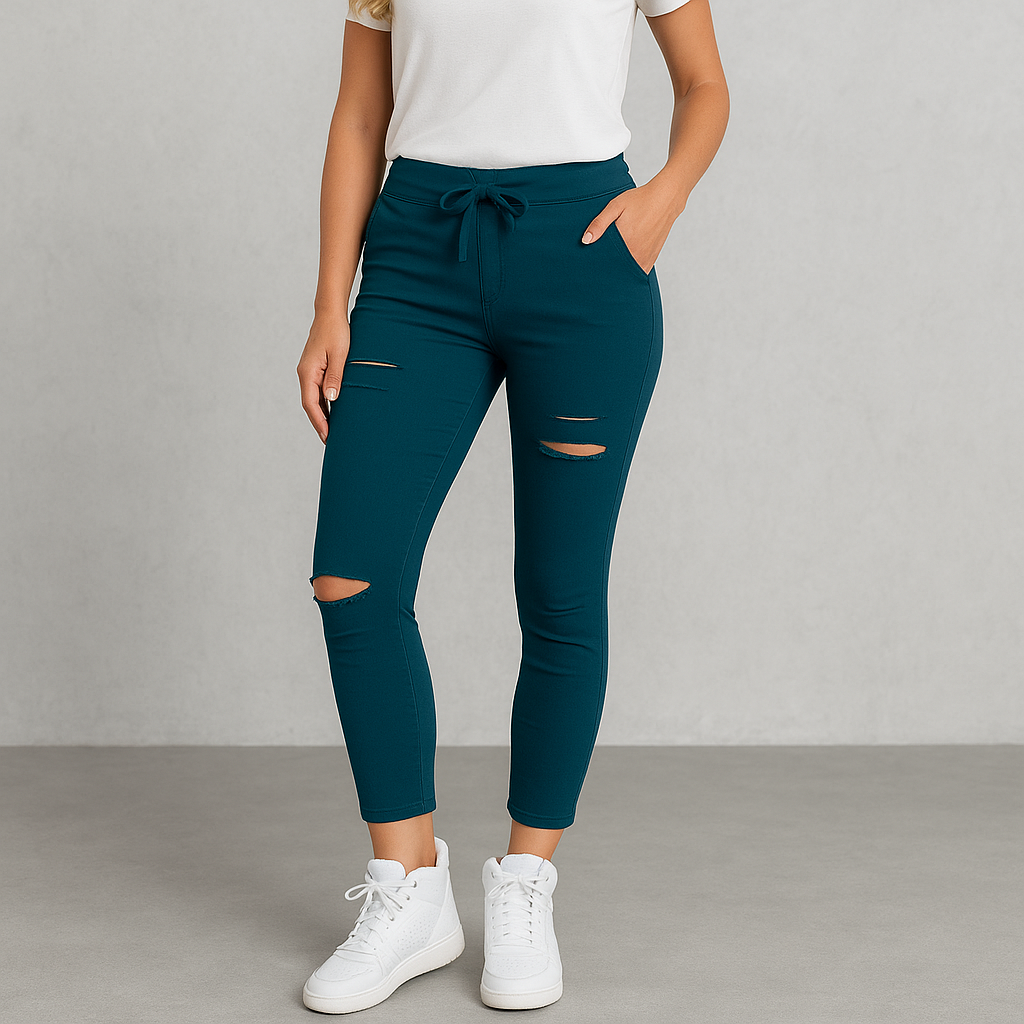 HOLMES - Dam Byxor med Hög Midja – Rippade Stretch Jeans Leggings för Höst & Vinter Mode