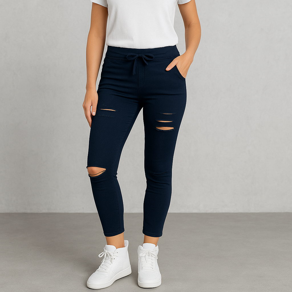 HOLMES - Dam Byxor med Hög Midja – Rippade Stretch Jeans Leggings för Höst & Vinter Mode
