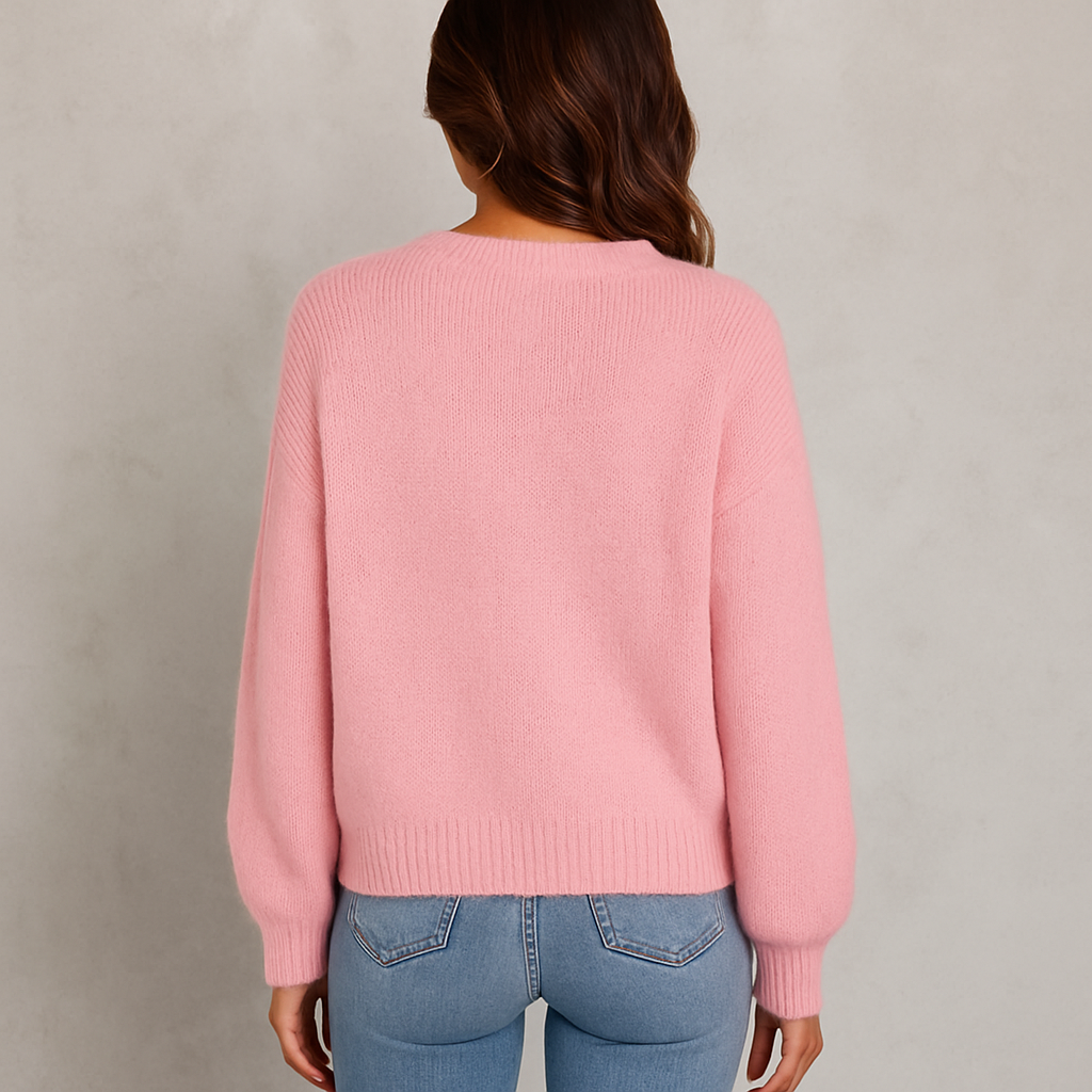 HOLMES - RueChic Rosa Stickad Tröja med Dekorativa Knappar – Mjuk & Elegant Damtröja för Vardag & Fest