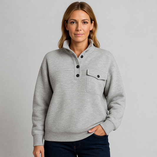 HOLMES "RueChic Oversize Halvknäppt Tröja med Fickdetalj – Varm & Stilren Sweatshirt för Dam & Herr"