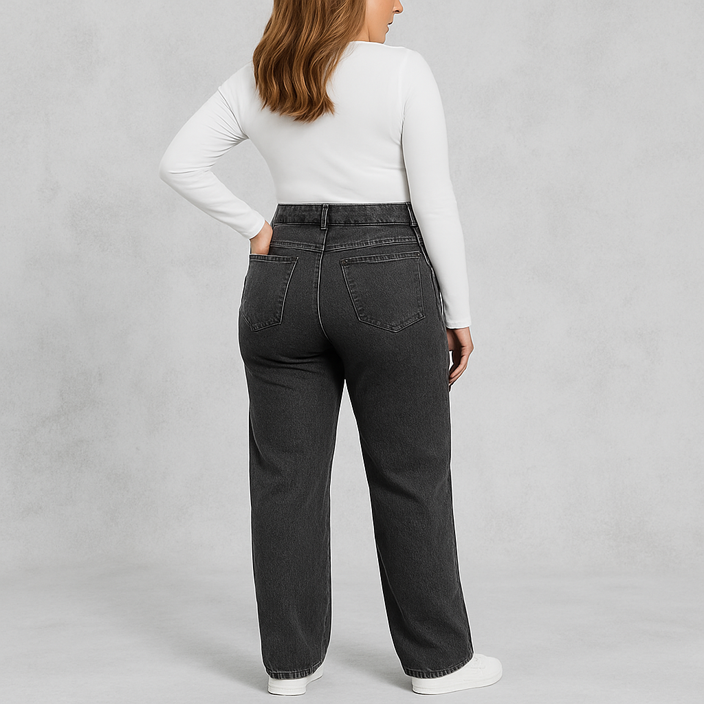 HOLMES - Damjeans Hög Midja Vida Ben Svart Denim – Trendiga Byxor för Kvinnor