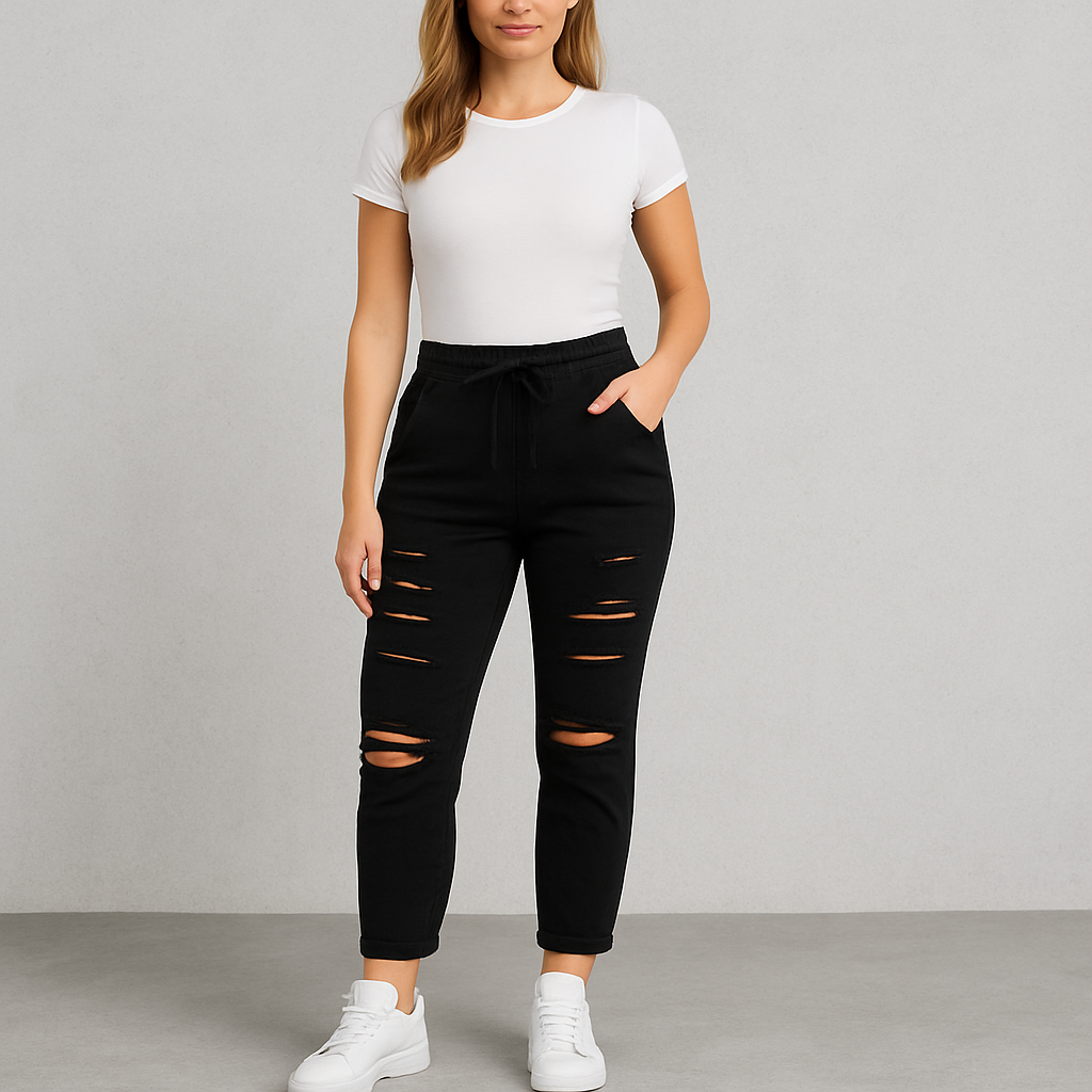 HOLMES - Dam Byxor med Hög Midja – Rippade Stretch Jeans Leggings för Höst & Vinter Mode